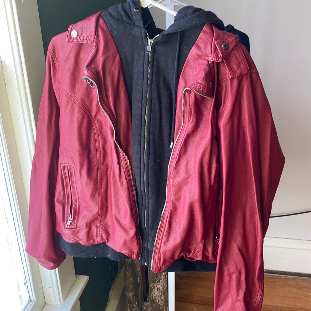 Torrid size 3 leather jacket with black sweatshirt underneath